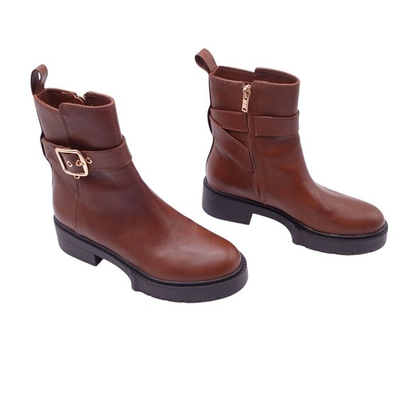 NWOB Coach Lacey Buckled Lug Sole Engineer Boots Sz 7B Brown Leather CB995 - Picture 2 of 14